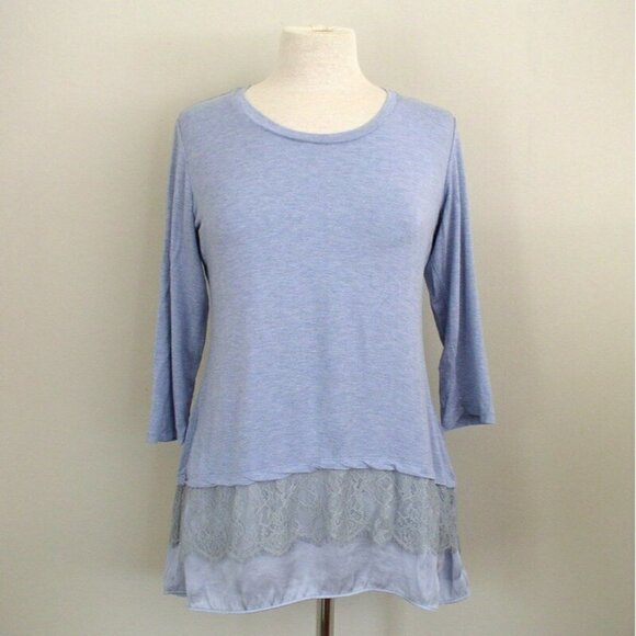 LOGO Lori Goldstein Blue Satin & Lace Hem Tunic SP - Picture 2 of 10